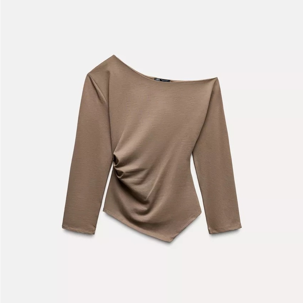 ZARA Asymmetrical Draped Long Sleeve Top – Taupe